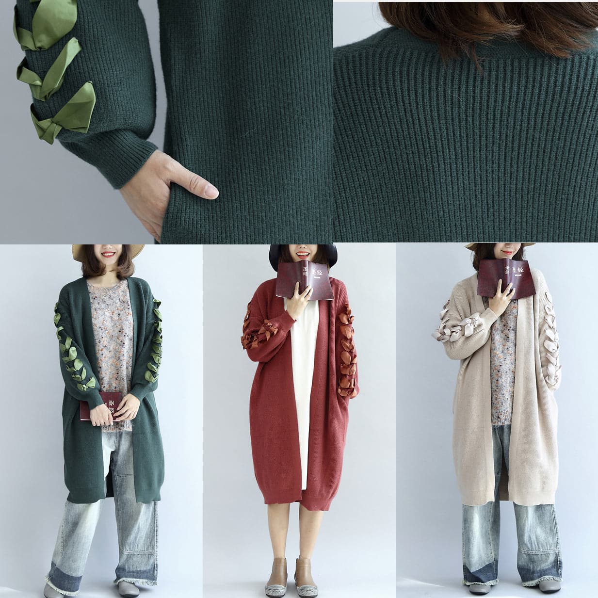 Stylish green oversized knit cardigans plus size sweater coats NCT171028