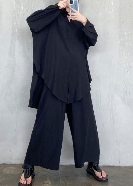 Suit large black long sleeve shirt wide leg pants two piece set AT-FDL201228