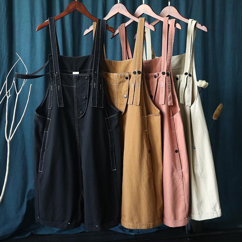 Summer 202 loose tooling brown bib pants women casual fashion five-point pants jumpsuit dylinoshop