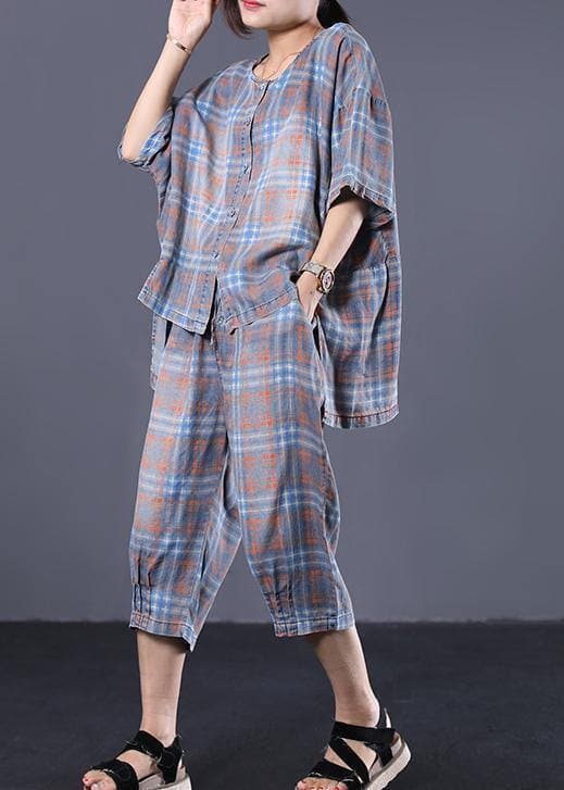 Summer retro plaid casual shirt denim two pieces WG-HTP190711