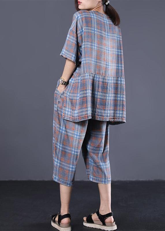 Summer retro plaid casual shirt denim two pieces WG-HTP190711