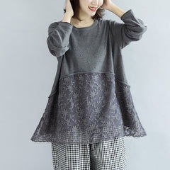 Sweet lace patchwork cotton knit sweaters gray pullover knit tops NTP171028