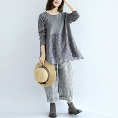 Sweet lace patchwork cotton knit sweaters gray pullover knit tops NTP171028