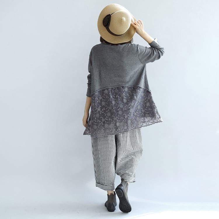 Sweet lace patchwork cotton knit sweaters gray pullover knit tops NTP171028