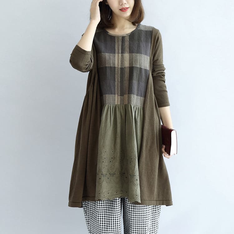 Tea green patchwork plaid cotton dresses oversize casual shift dresses FDM171028