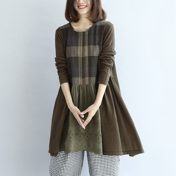 Tea green patchwork plaid cotton dresses oversize casual shift dresses FDM171028