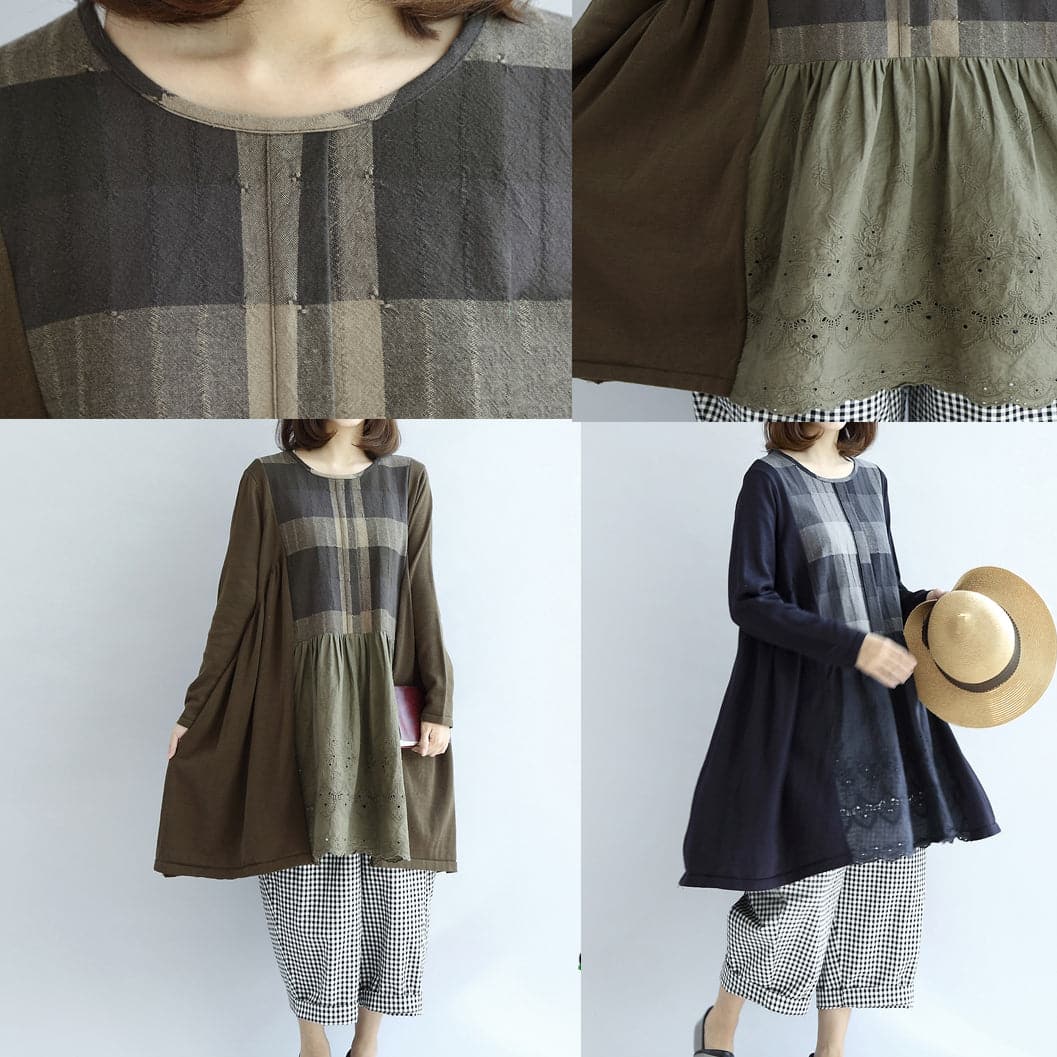 Tea green patchwork plaid cotton dresses oversize casual shift dresses FDM171028