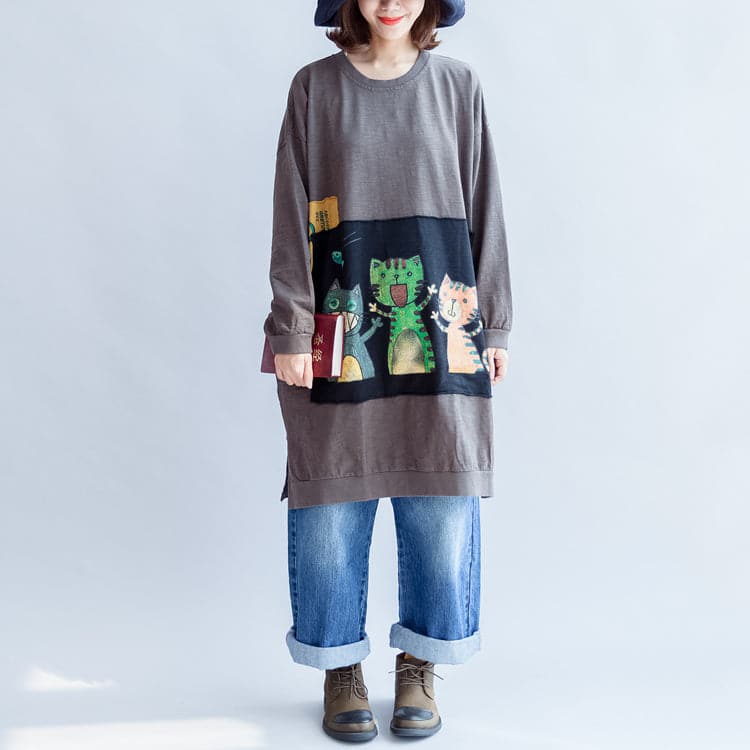 Three happy cats print cotton dresses oversized sweat dress pullover FDM171028