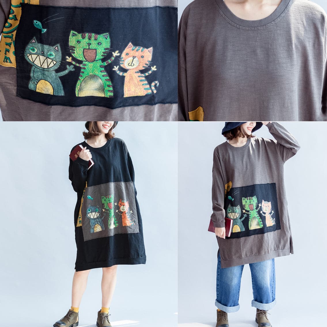 Three happy cats print cotton dresses oversized sweat dress pullover FDM171028