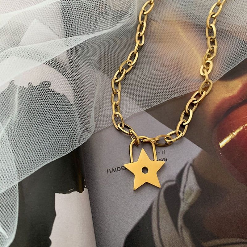 Titanium Steel Star Lock Golden Necklace Charm Jewelry NCJT45 Touchy Style