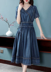 2022 Blue Cinched V Neck Cotton Denim Dress Short Sleeve dylinoshop