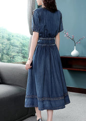 2022 Blue Cinched V Neck Cotton Denim Dress Short Sleeve dylinoshop