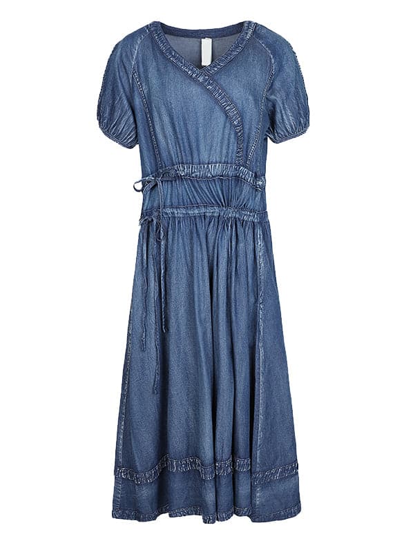 2022 Blue Cinched V Neck Cotton Denim Dress Short Sleeve dylinoshop