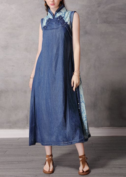 2022 Blue Stand Collar Button Patchwork Long Denim Dress Sleeveless dylinoshop