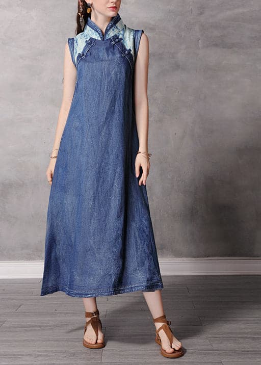 2022 Blue Stand Collar Button Patchwork Long Denim Dress Sleeveless dylinoshop