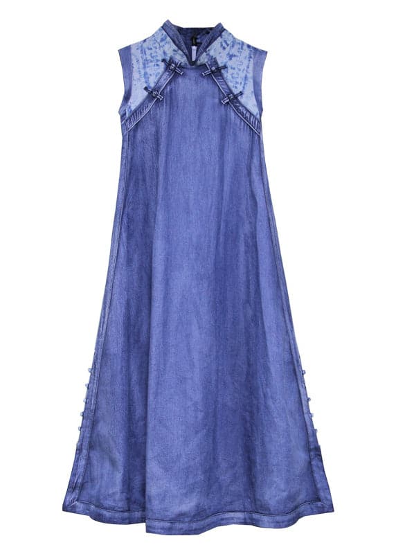 2022 Blue Stand Collar Button Patchwork Long Denim Dress Sleeveless dylinoshop