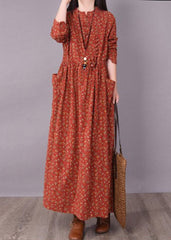 2022 Brick Red Cinched Print Linen Long Dress Long Sleeve dylinoshop