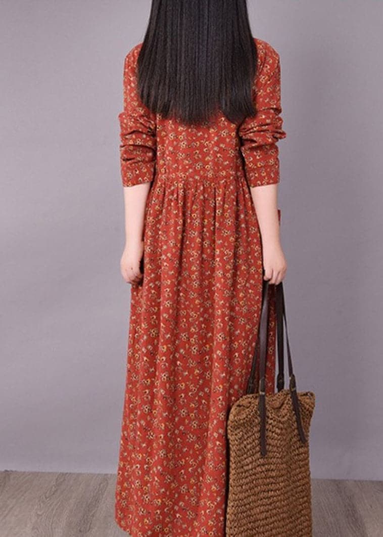 2022 Brick Red Cinched Print Linen Long Dress Long Sleeve dylinoshop