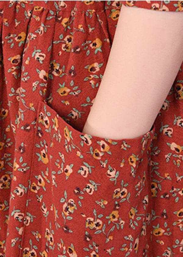 2022 Brick Red Cinched Print Linen Long Dress Long Sleeve dylinoshop