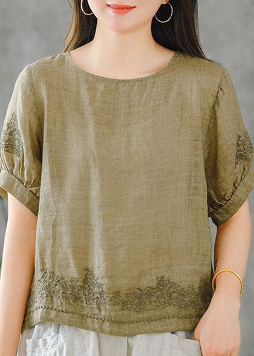 2022 Grass Green O-Neck Embroideried Ruffled Linen Tops Short Sleeve dylinoshop