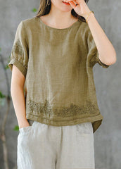 2022 Grass Green O-Neck Embroideried Ruffled Linen Tops Short Sleeve dylinoshop