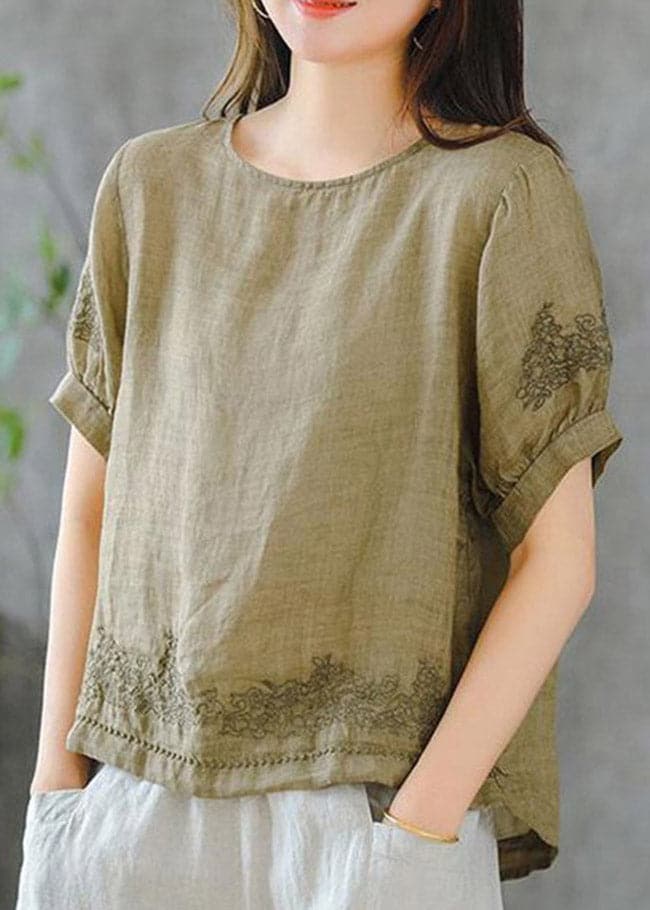 2022 Grass Green O-Neck Embroideried Ruffled Linen Tops Short Sleeve dylinoshop