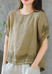 2022 Grass Green O-Neck Embroideried Ruffled Linen Tops Short Sleeve dylinoshop