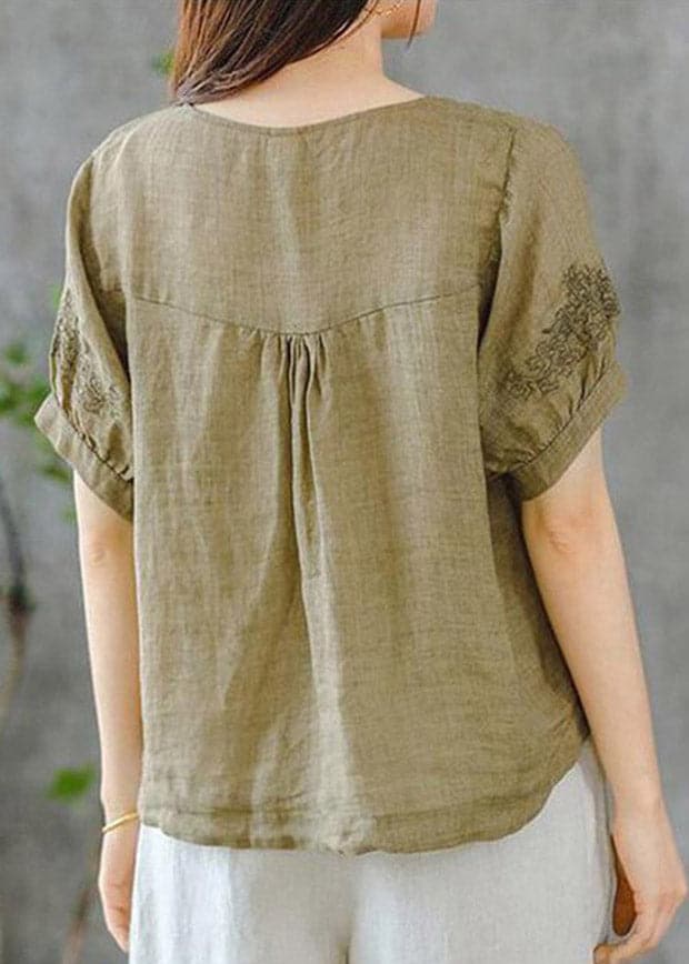 2022 Grass Green O-Neck Embroideried Ruffled Linen Tops Short Sleeve dylinoshop