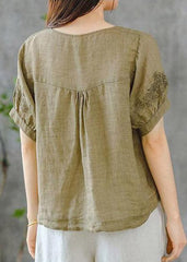 2022 Grass Green O-Neck Embroideried Ruffled Linen Tops Short Sleeve dylinoshop