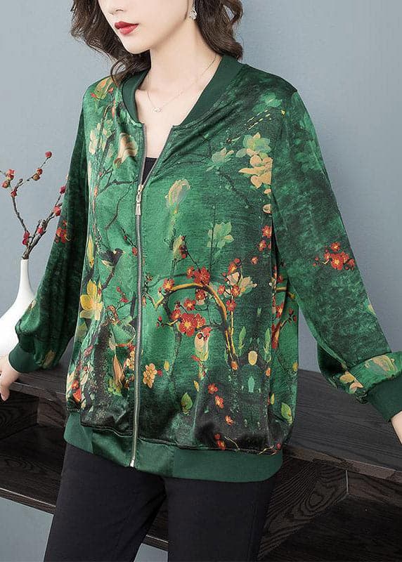 2022 Green O-Neck Print Zip Up Silk Coats Long Sleeve dylinoshop