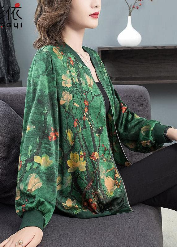 2022 Green O-Neck Print Zip Up Silk Coats Long Sleeve dylinoshop