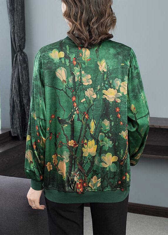 2022 Green O-Neck Print Zip Up Silk Coats Long Sleeve dylinoshop