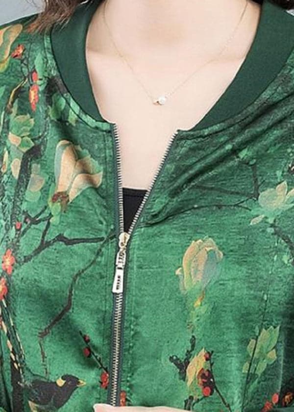 2022 Green O-Neck Print Zip Up Silk Coats Long Sleeve dylinoshop