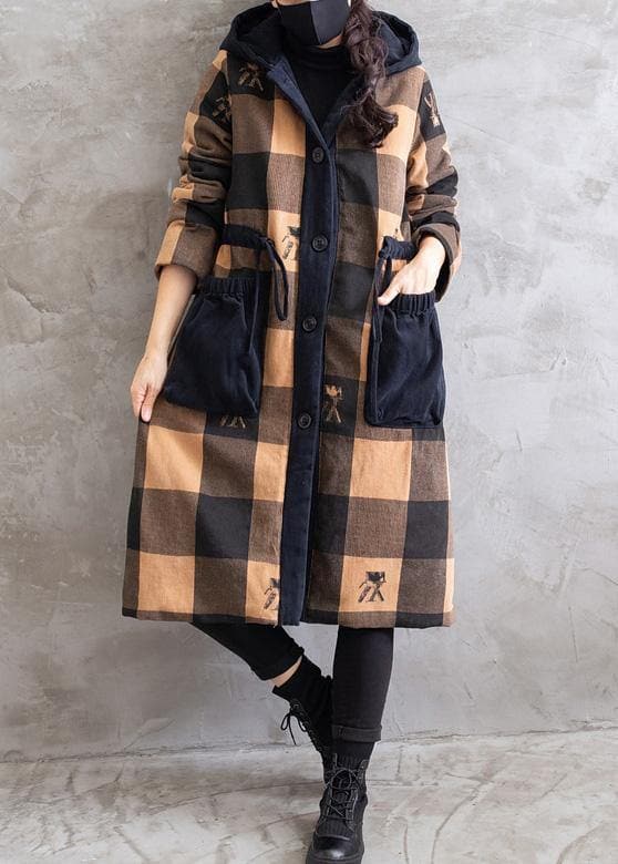 Oversize Coats Yellow Plaid Hooded Drawstring parkas Coats TCT210101