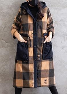 Oversize Coats Yellow Plaid Hooded Drawstring parkas Coats TCT210101