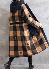 Oversize Coats Yellow Plaid Hooded Drawstring parkas Coats TCT210101