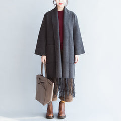 Fine gray cashmere coats tasseled hem woolen jackets long cardigans warm CDG171028