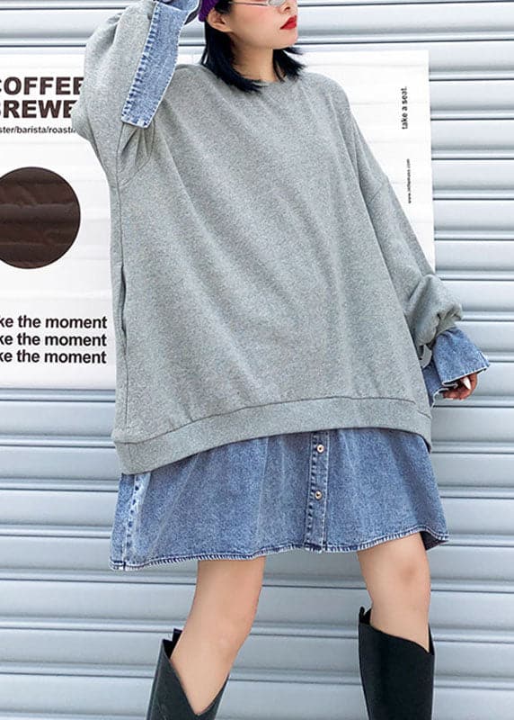 Trendy Grey Patchwork Denim Button Fall Sweatshirts Top AT-LTP210930