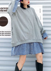 Trendy Grey Patchwork Denim Button Fall Sweatshirts Top AT-LTP210930