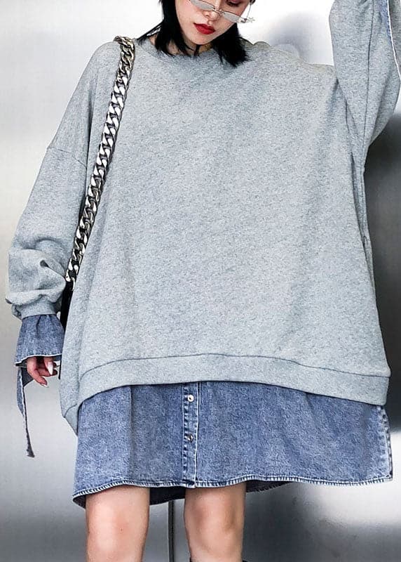 Trendy Grey Patchwork Denim Button Fall Sweatshirts Top AT-LTP210930