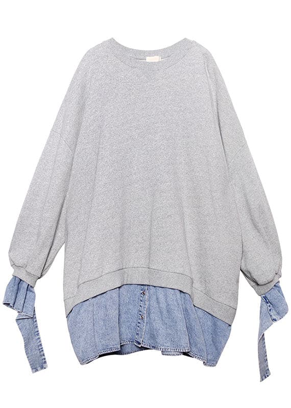 Trendy Grey Patchwork Denim Button Fall Sweatshirts Top AT-LTP210930