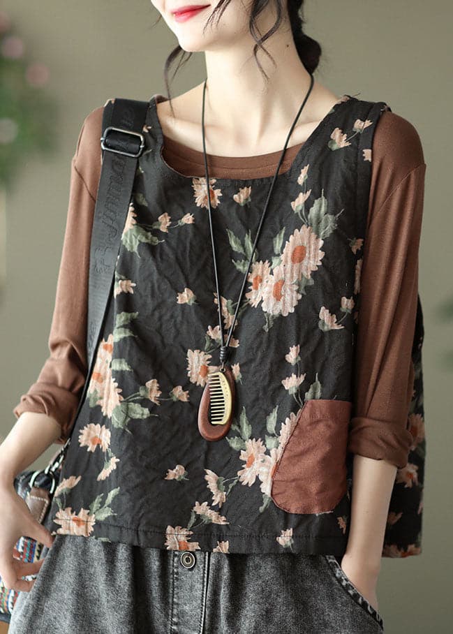 Unique Black O-Neck Print Linen Vest Sleeveless GK-VTP220509