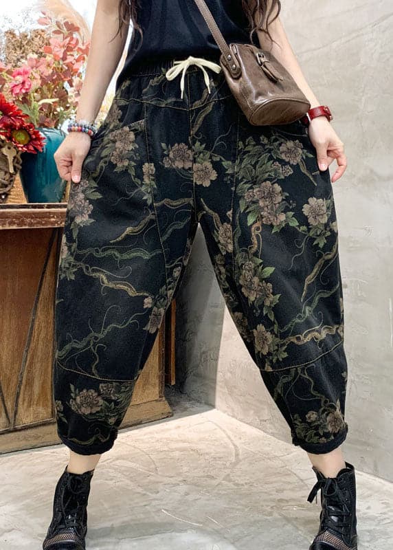 Unique Black retro Cinched Print denim Pants Trousers Spring NZ-LPTS220105