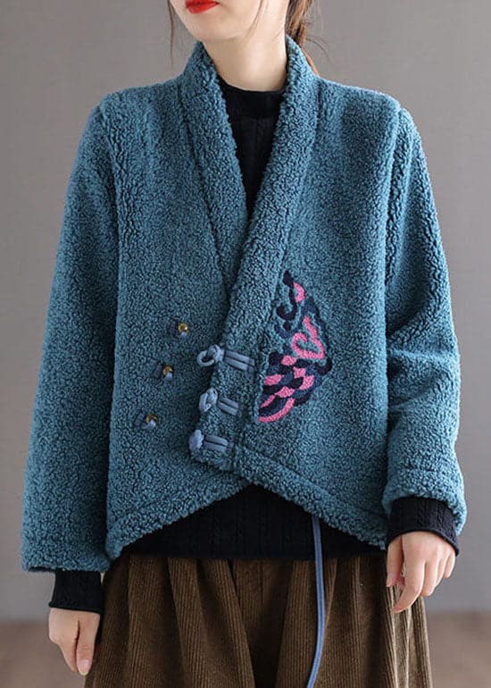 Unique Blue Button V Neck Embroideried Faux Fur Coats Spring GK-CTS220208