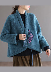 Unique Blue Button V Neck Embroideried Faux Fur Coats Spring GK-CTS220208