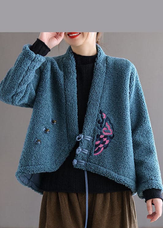 Unique Blue Button V Neck Embroideried Faux Fur Coats Spring GK-CTS220208