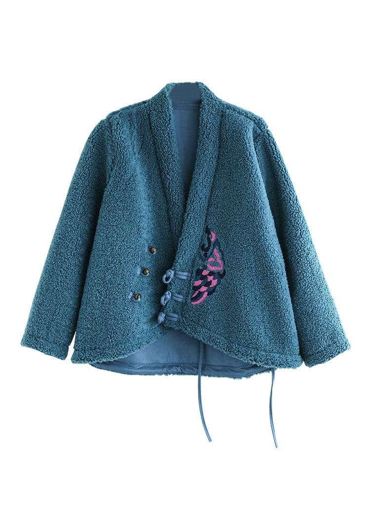 Unique Blue Button V Neck Embroideried Faux Fur Coats Spring GK-CTS220208