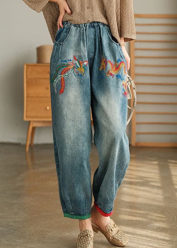 Unique Blue Casual Pockets Embroideried Harem Fall Denim Pants GK-LPTS210910