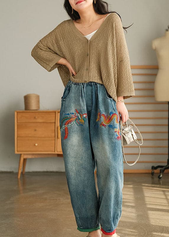 Unique Blue Casual Pockets Embroideried Harem Fall Denim Pants GK-LPTS210910