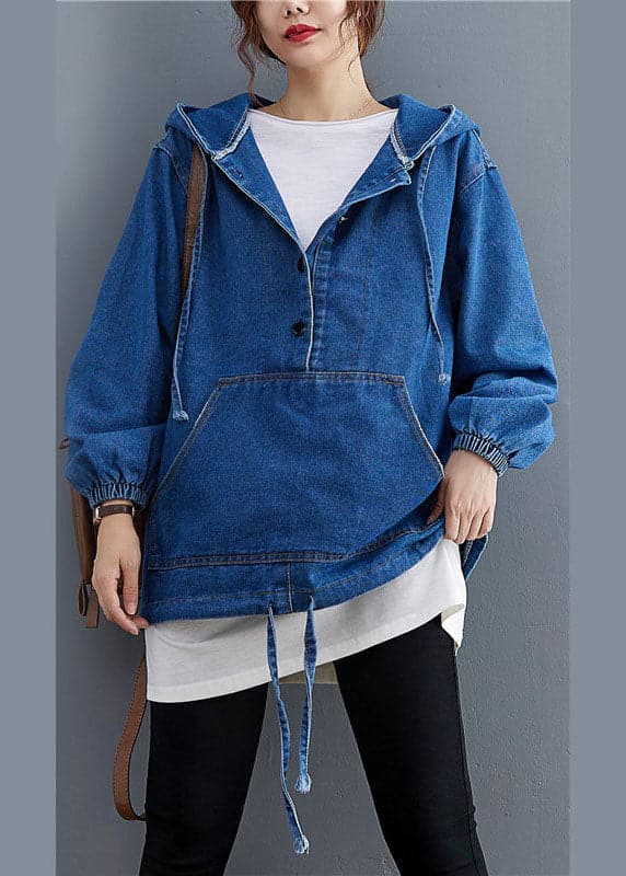 Unique Blue Denim Button Pockets hooded Fall Long sleeve Top YYHC-LTP210917